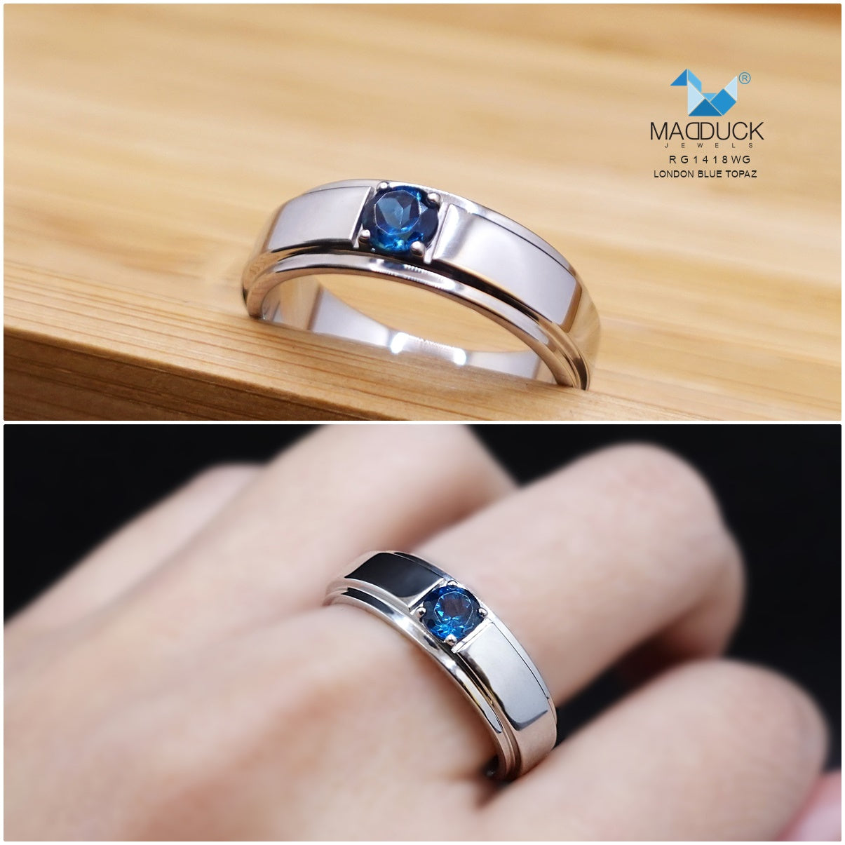 Madduckjewels | Natural London Blue Topaz Ring | Double Track Band | 925 Sterling Silver Rhodium-plated | RG1419-LB