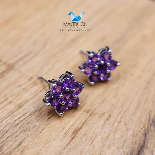Madduckjewels ต่างหูเงินแท้ ต่างหูพลอยแท้ อเมทิสต์ (Amethyst) ชุบโรเดียม ER2107am