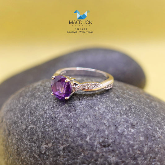 Madduckjewels | Natural Amethyst & White Topaz Ring | 925 Sterling Silver Rhodium-plated | RG1536am-wt