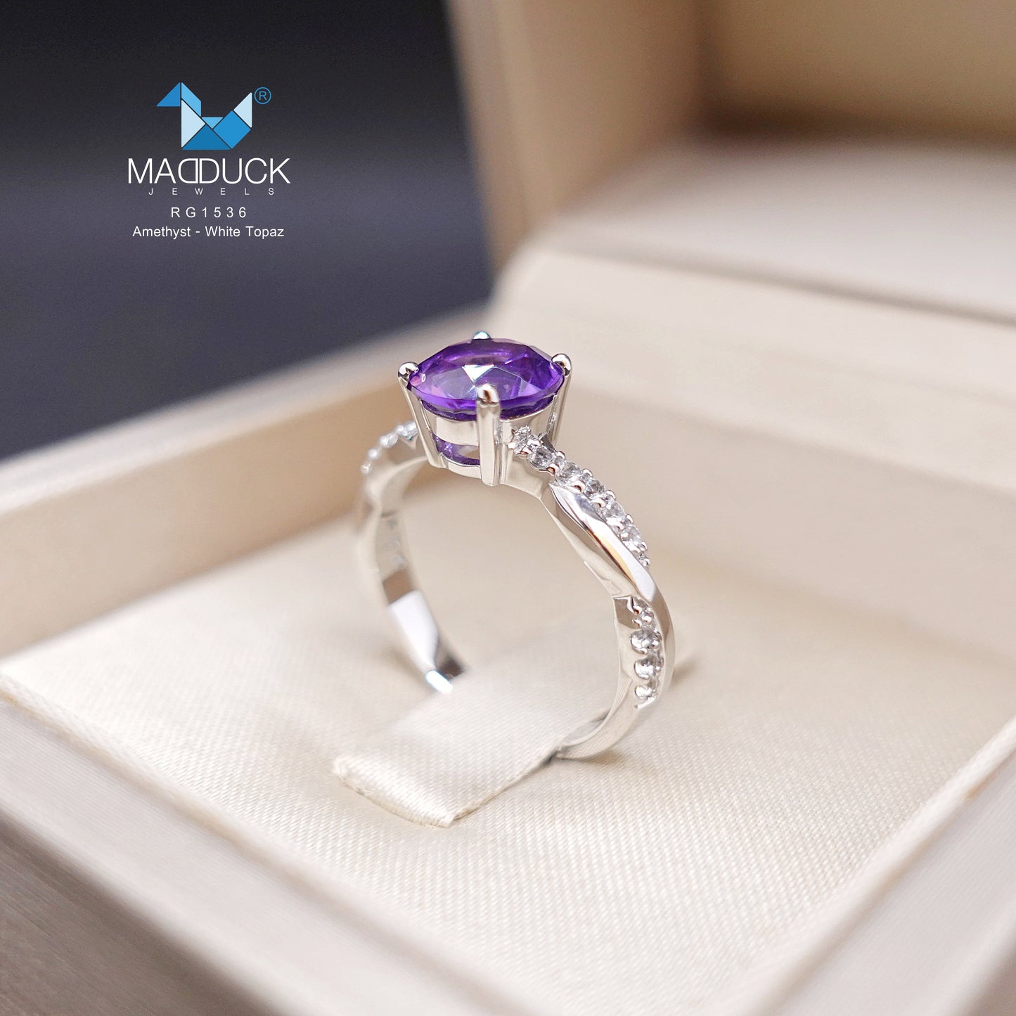 Madduckjewels | Natural Amethyst & White Topaz Ring | 925 Sterling Silver Rhodium-plated | RG1536am-wt