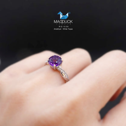 Madduckjewels | Natural Amethyst & White Topaz Ring | 925 Sterling Silver Rhodium-plated | RG1536am-wt