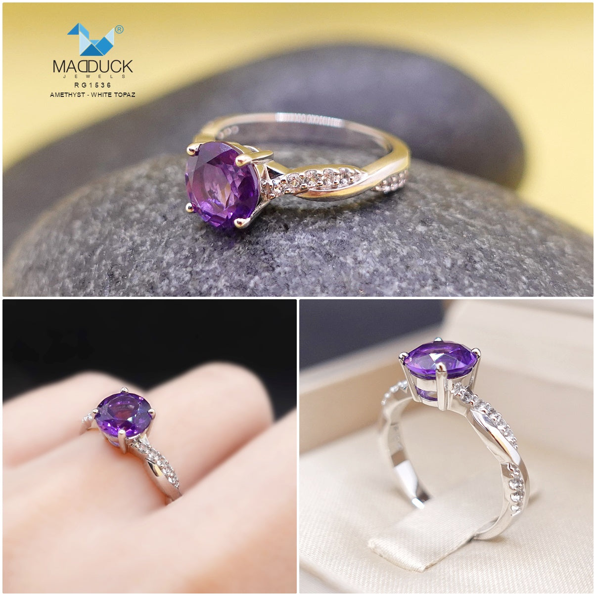 Madduckjewels | Natural Amethyst & White Topaz Ring | 925 Sterling Silver Rhodium-plated | RG1536am-wt