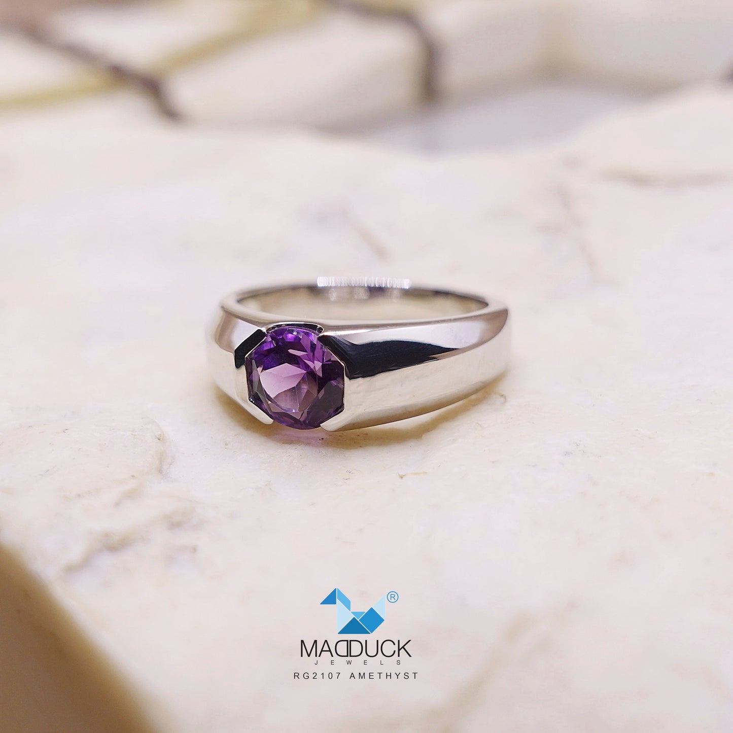 Madduckjewels | Natural Amethyst Ring | Wide Band Tension Set | 925 Sterling Silver Rhodium-plated | RG2107am