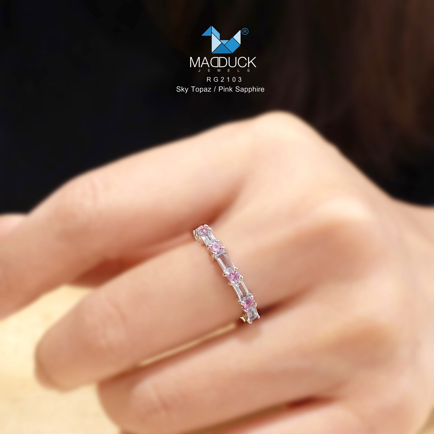 Madduckjewels | Natural Sky Blue Topaz & Pink Sapphire Ring | 925 Sterling Silver Rhodium-plated | RG2103-bt-ps