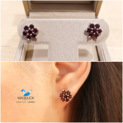 Madduckjewels | Natural Garnet Earrings | Flower Design | 925 Sterling Silver Rhodium-plated | ER2107gn