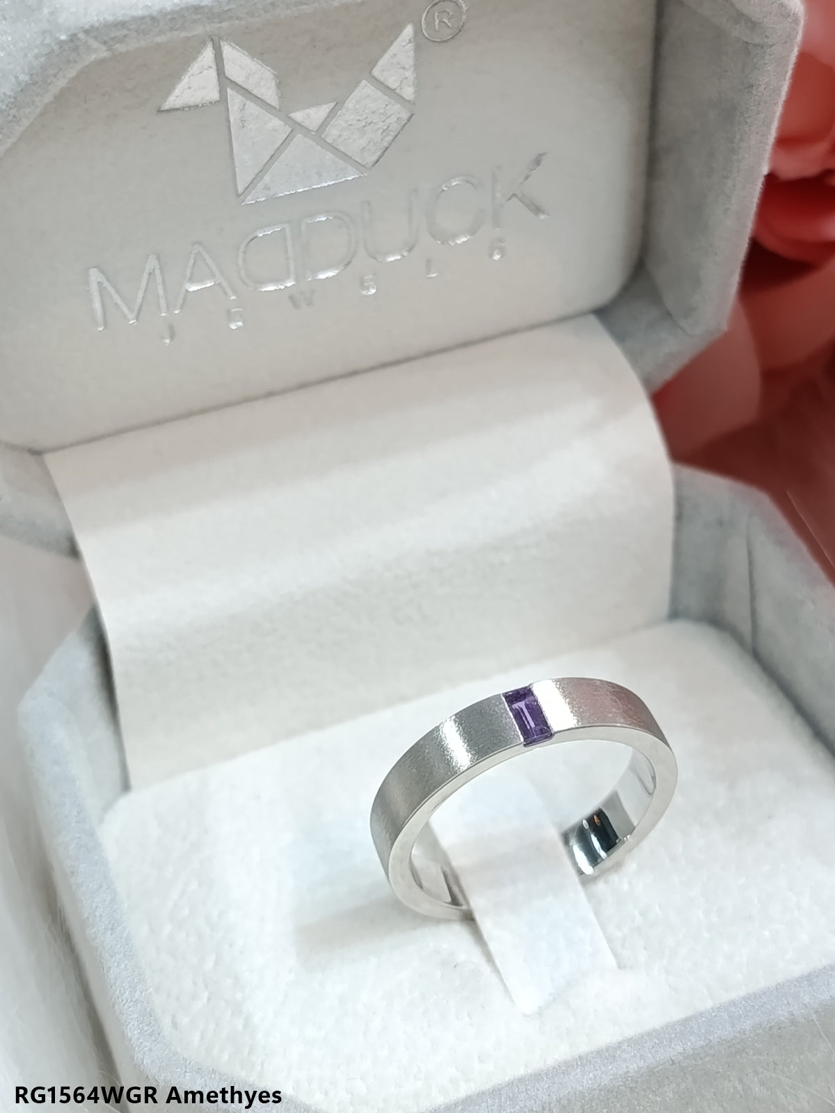Madduckjewels | Natural Amethyst Ring | Matte Band | 925 Sterling Silver Rhodium-plated | RG1564wgr-am