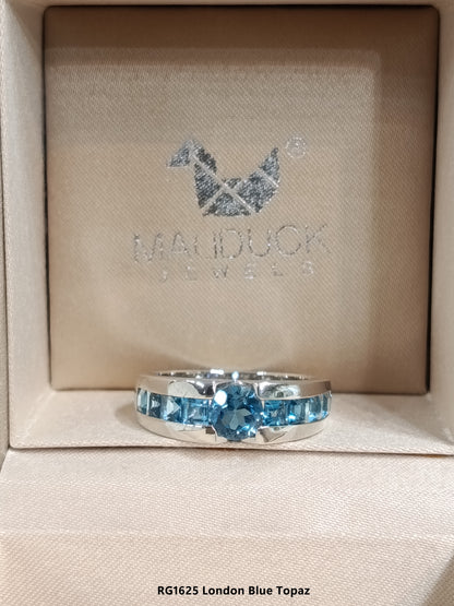 Madduckjewels | Natural London Blue Topaz Ring | Center 6mm + Channel Set | 925 Sterling Silver | RG1625lb