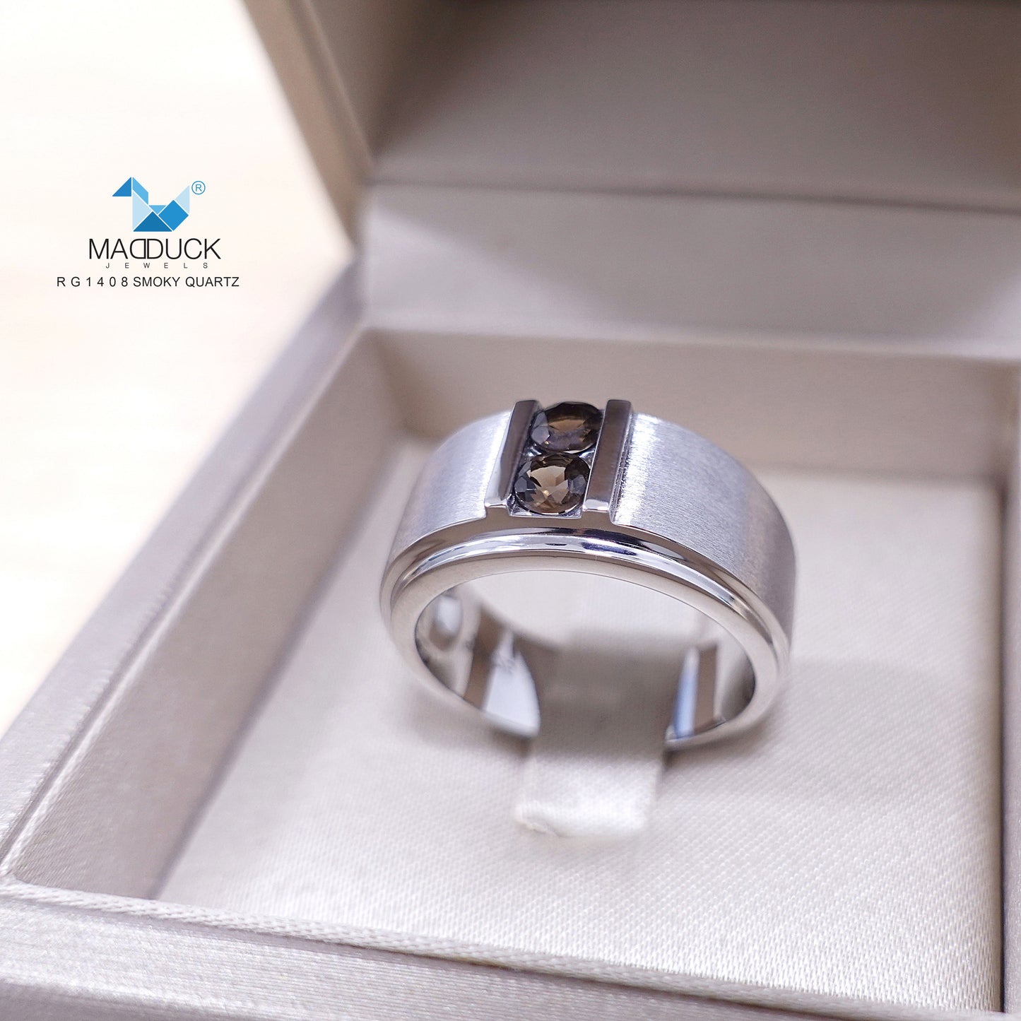 Madduckjewels | Natural Smoky Quartz Ring | Wide Band Matte | 925 Sterling Silver Rhodium-plated | RG1408wgr-sm