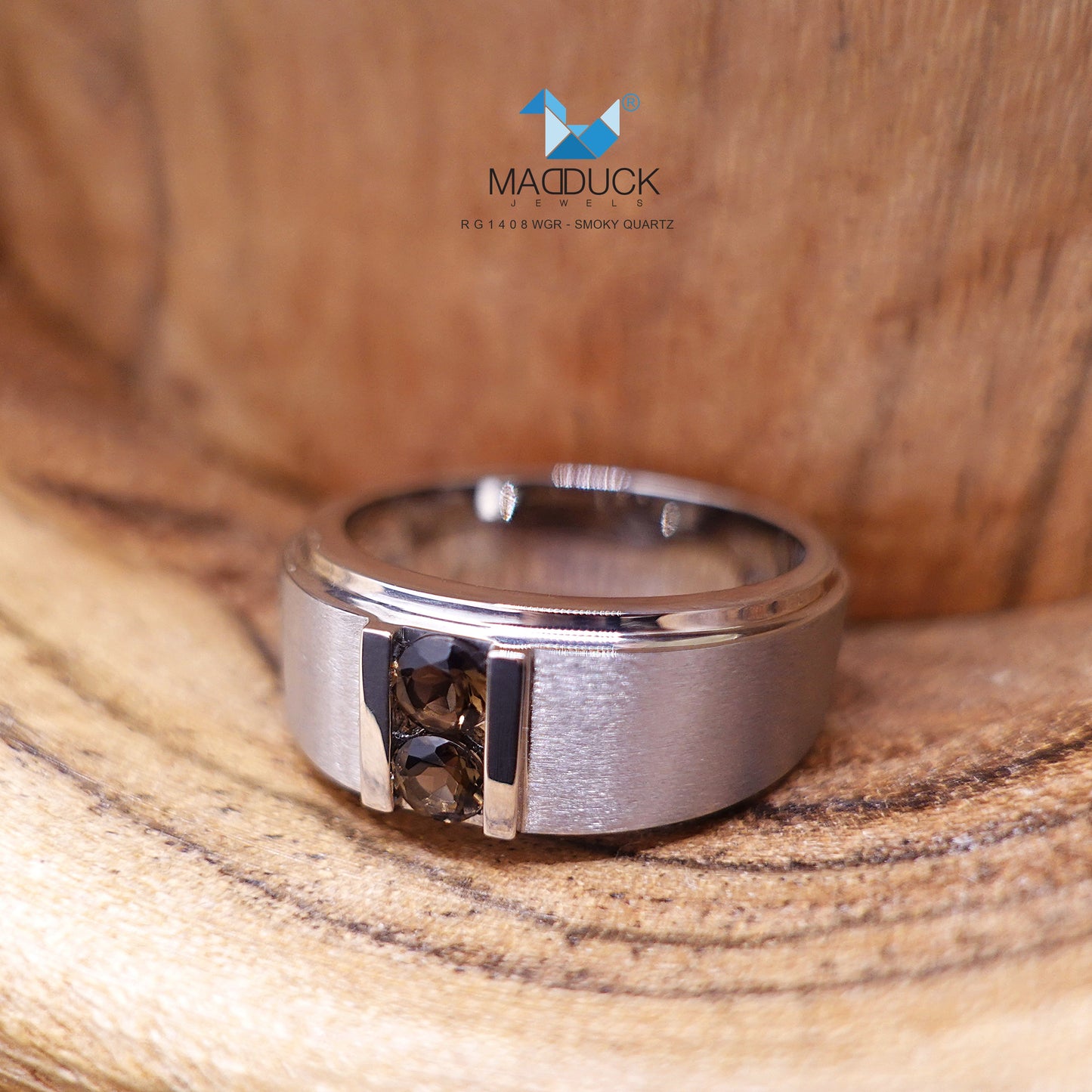 Madduckjewels | Natural Smoky Quartz Ring | Wide Band Matte | 925 Sterling Silver Rhodium-plated | RG1408wgr-sm