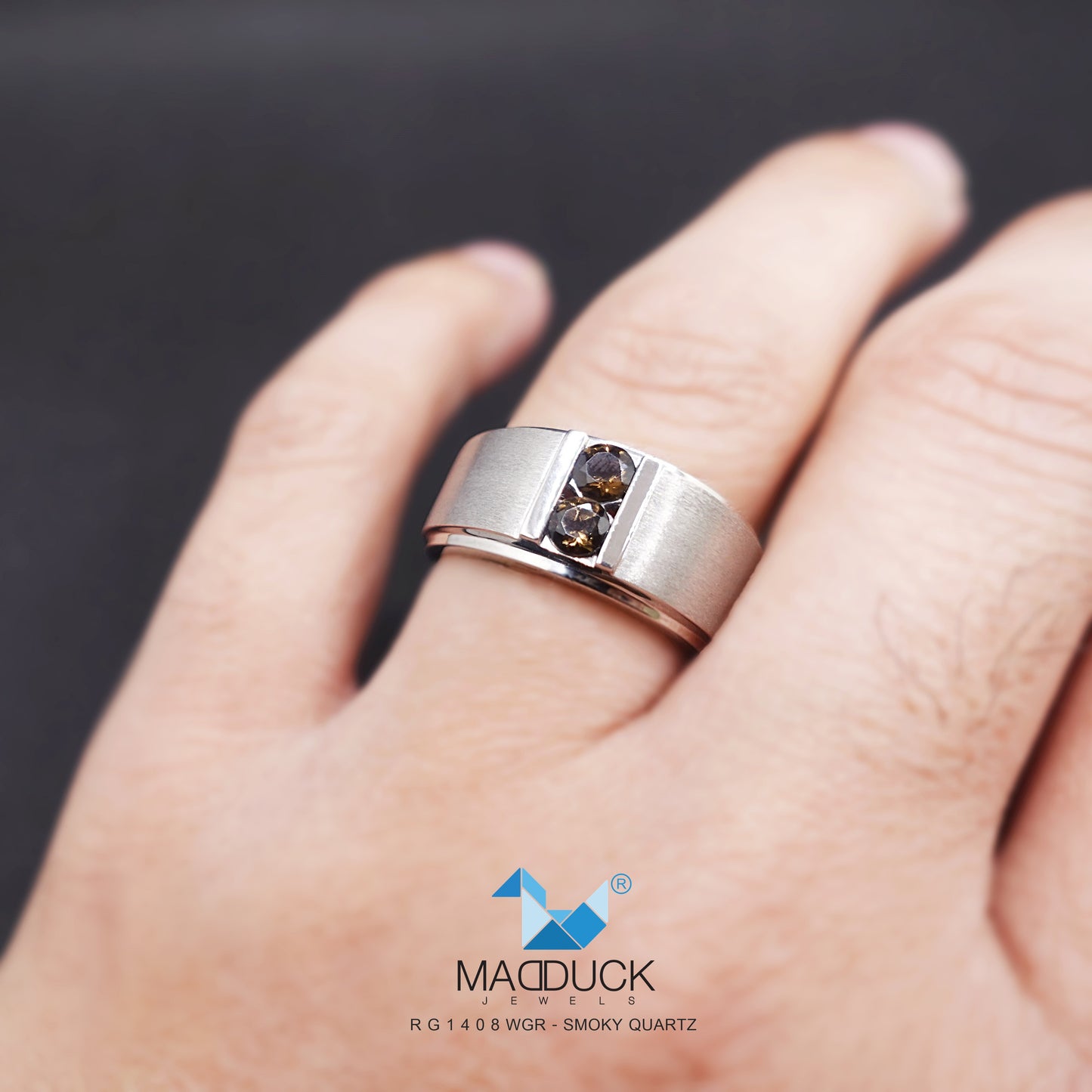 Madduckjewels | Natural Smoky Quartz Ring | Wide Band Matte | 925 Sterling Silver Rhodium-plated | RG1408wgr-sm