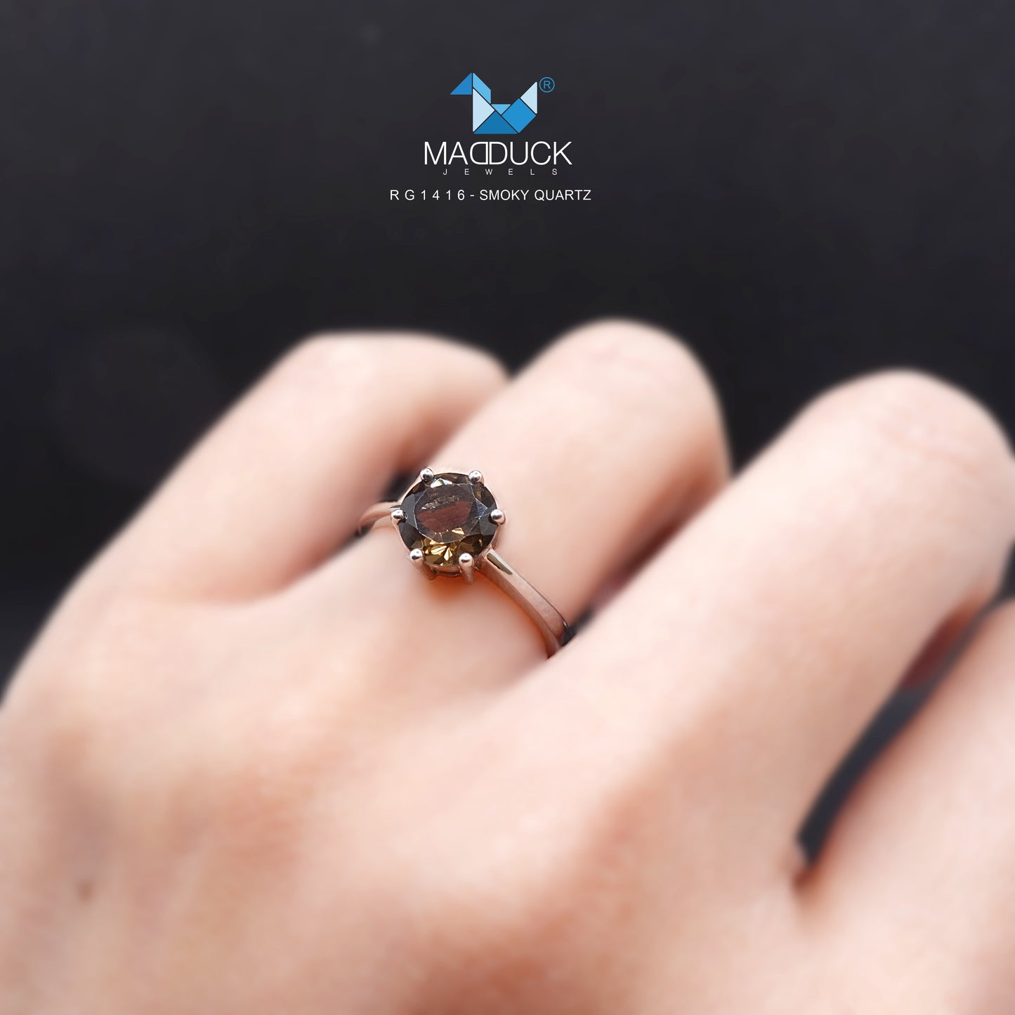 Madduckjewels | Natural Smoky Quartz Ring | Round 6.5mm | 925 Sterling Silver Rhodium-plated | RG1416sm