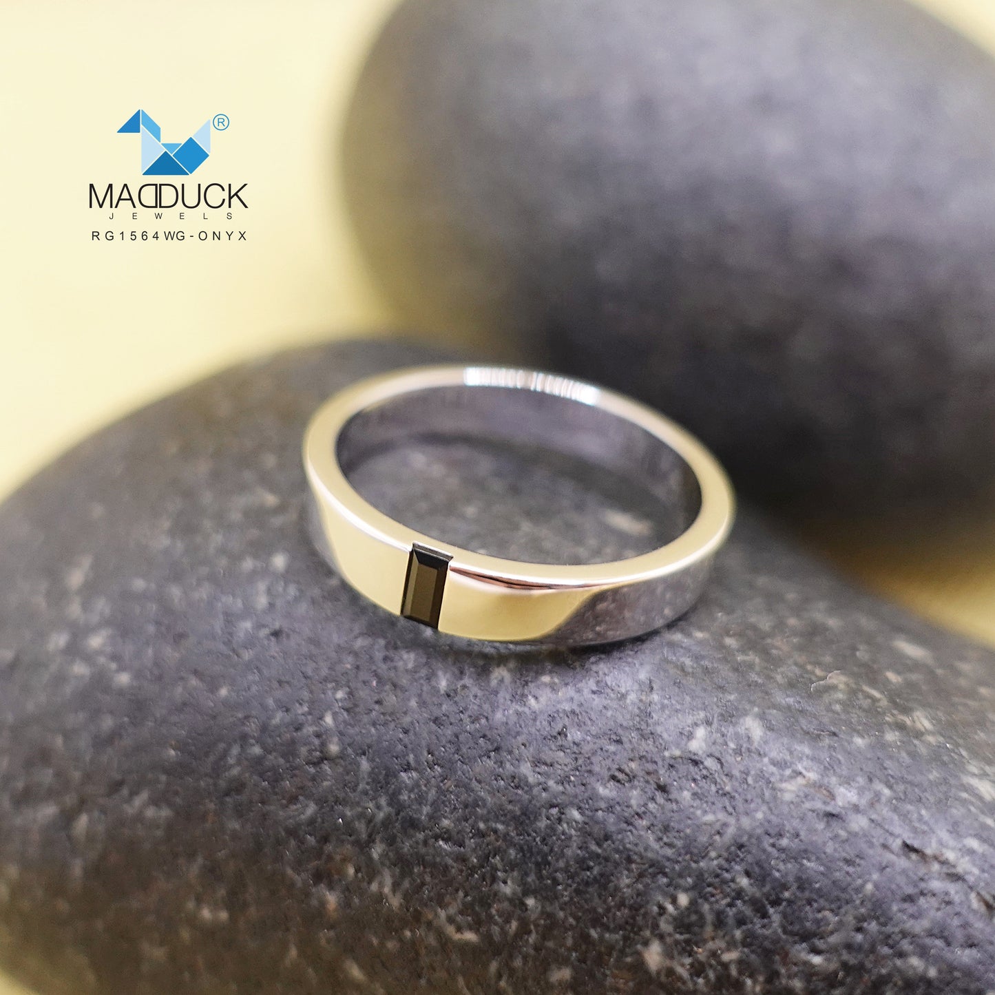 Madduckjewels | Natural Black Onyx Ring | Baguette Matte Band | 925 Sterling Silver Rhodium-plated | RG1564ox