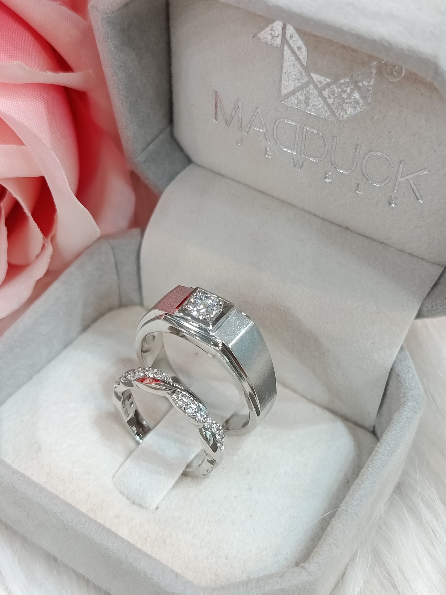 Cubiz Zirconia Sterling Silver 925 couple Rings with Rhodium plated / RG1826WGR-RG1525