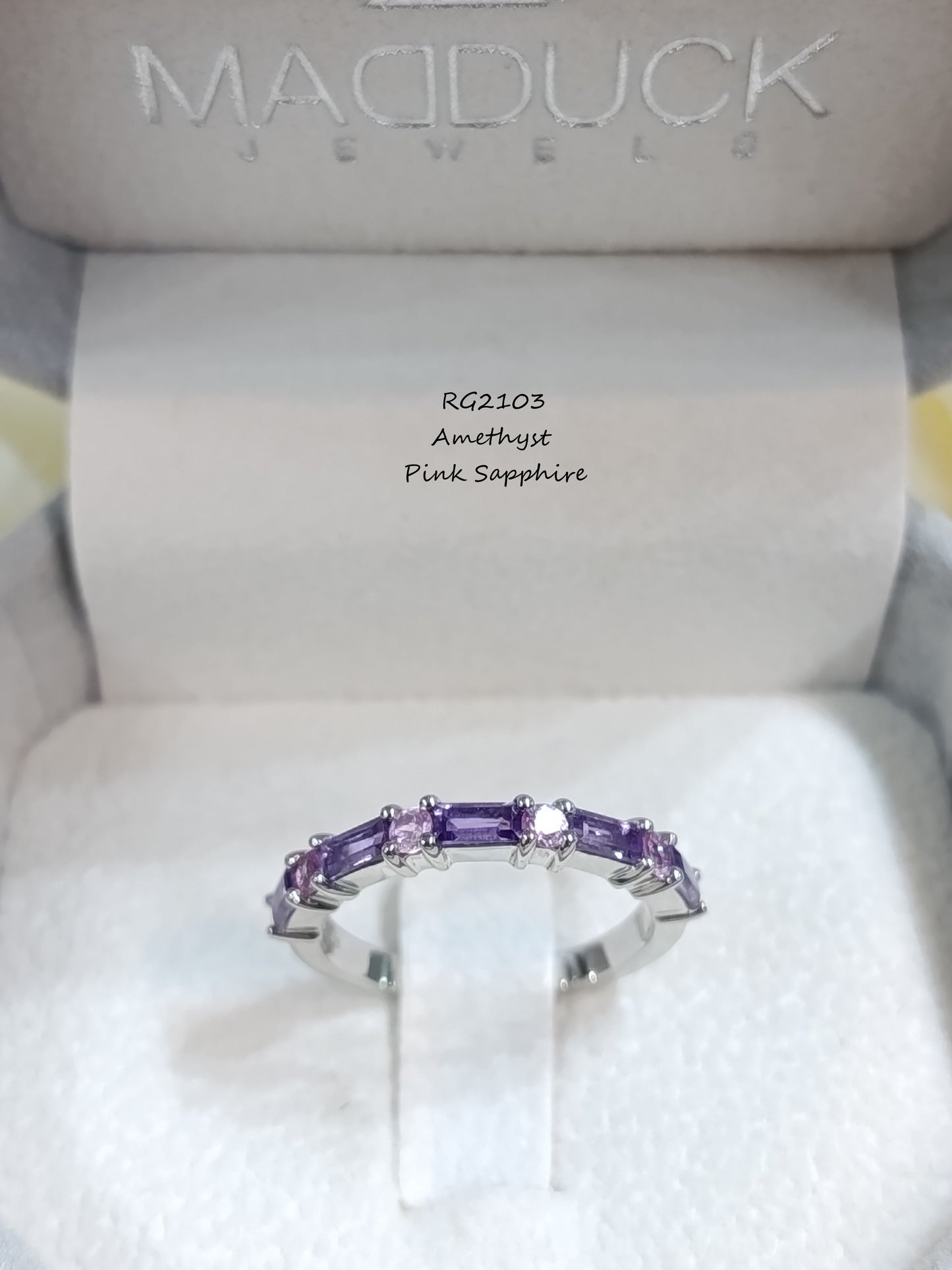 Madduckjewels แหวนพลอยแท้ อเมทิสต์ + แซฟไฟร์ชมพู  | Amethyst & Pink Sapphire Half Eternity Ring | เงินแท้ 925 ชุบโรเดียม RG2103am-ps