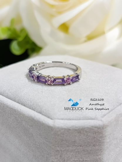 Madduckjewels แหวนพลอยแท้ อเมทิสต์ + แซฟไฟร์ชมพู  | Amethyst & Pink Sapphire Half Eternity Ring | เงินแท้ 925 ชุบโรเดียม RG2103am-ps