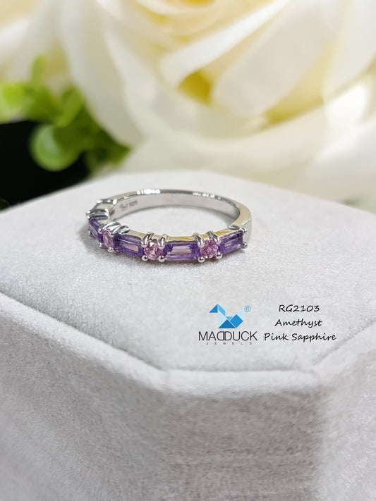 Madduckjewels แหวนพลอยแท้ อเมทิสต์ + แซฟไฟร์ชมพู  | Amethyst & Pink Sapphire Half Eternity Ring | เงินแท้ 925 ชุบโรเดียม RG2103am-ps