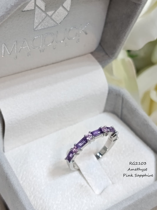 Madduckjewels แหวนพลอยแท้ อเมทิสต์ + แซฟไฟร์ชมพู  | Amethyst & Pink Sapphire Half Eternity Ring | เงินแท้ 925 ชุบโรเดียม RG2103am-ps