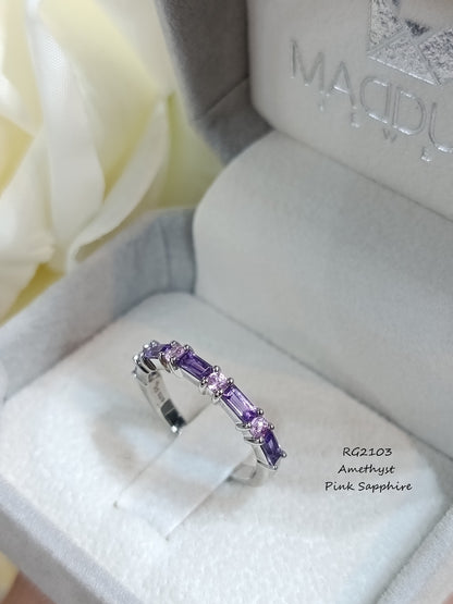 Madduckjewels แหวนพลอยแท้ อเมทิสต์ + แซฟไฟร์ชมพู  | Amethyst & Pink Sapphire Half Eternity Ring | เงินแท้ 925 ชุบโรเดียม RG2103am-ps