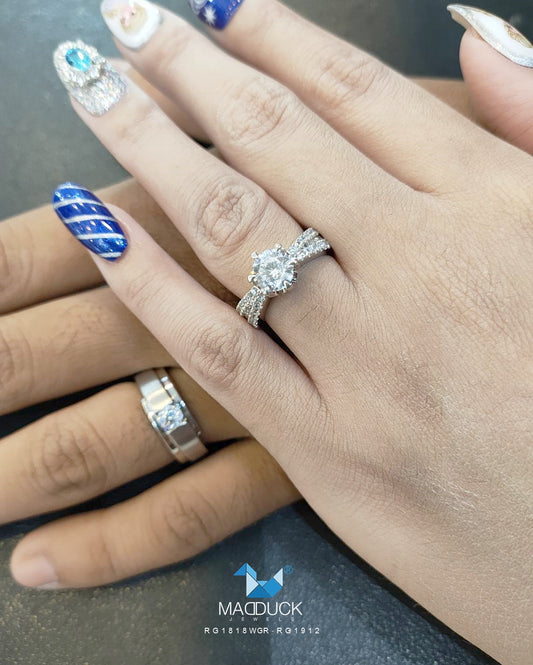 Moissanite Couple Ring Set – MadDuckJewels Sterling Silver 925 – His & Hers Engagement & Wedding Rings – Rhodium Plated, Nickel-Free – RG1818WGR-RG1912