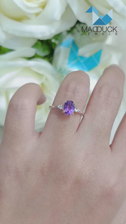 Madduckjewels RG2606-AM Natural Amethyst Oval Ring in Rhodium-Plated 925 Sterling Silver