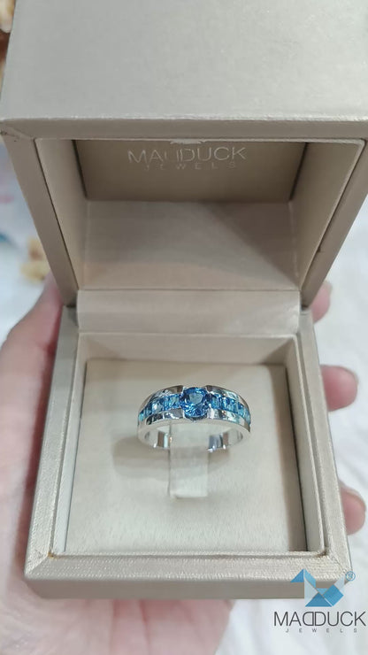 Madduckjewels | Natural London Blue Topaz Ring | Center 6mm + Channel Set | 925 Sterling Silver | RG1625lb
