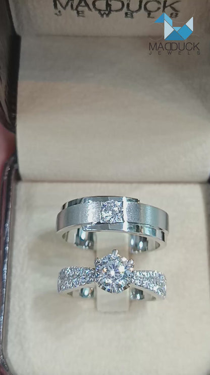 CZ Cubic Zirconia RG1818WGR-RG1912 แหวนคู่เงินแท้ 925 ชุบโรเดียม Madduckjewels แหวนแต่งงาน แหวนคู่รัก