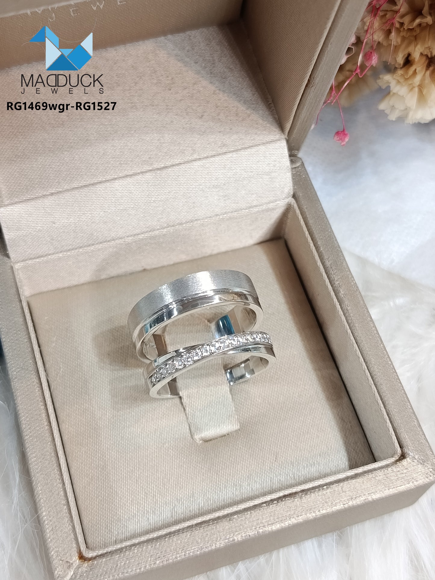 MadDuckJewels Sterling Silver 925 Couple Ring Set – His & Hers Engagement & Wedding Rings – CZ, Rhodium Plated, Nickel-Free – RG1469WGR-RG1527