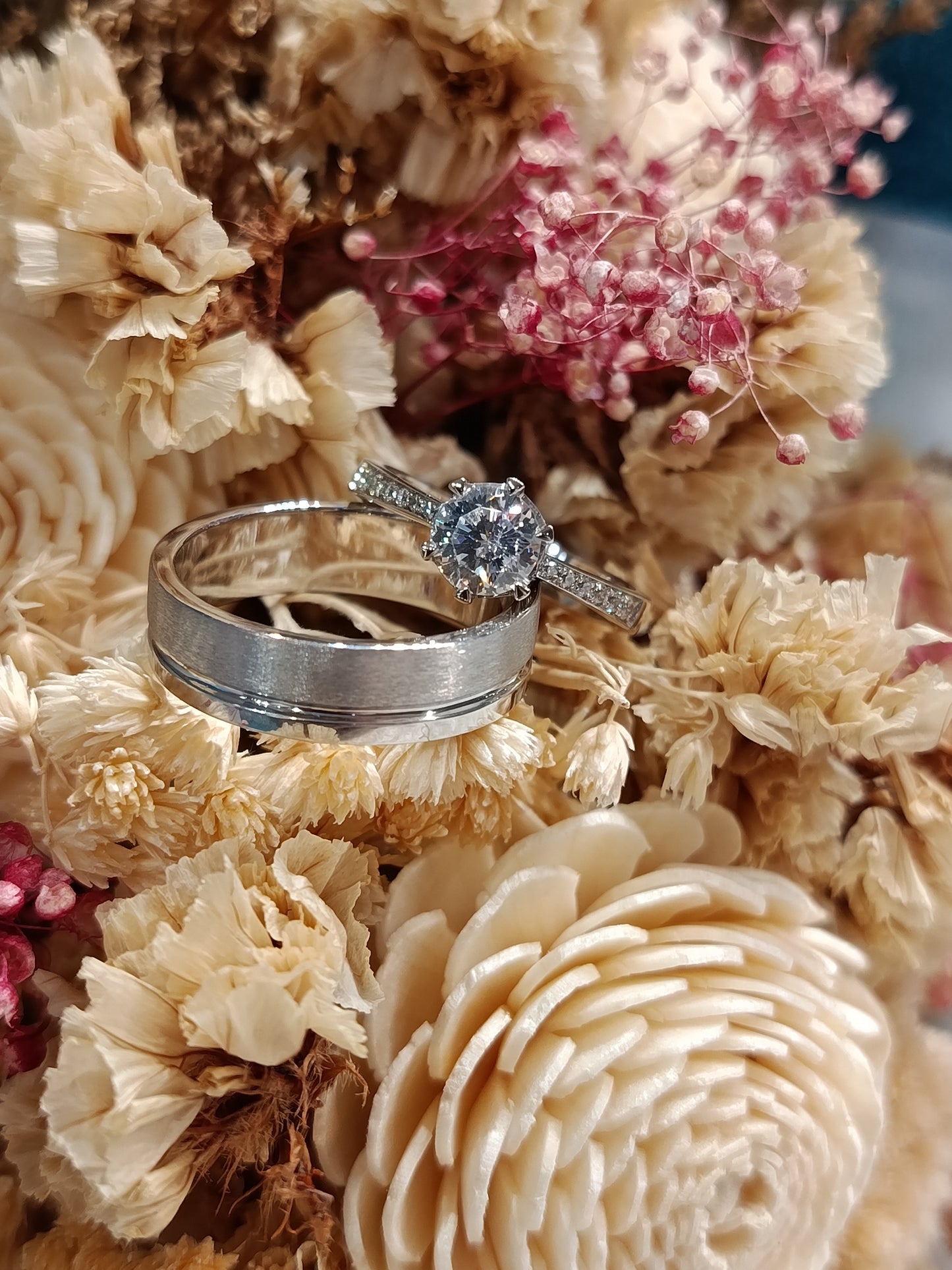 MadDuckJewels Sterling Silver 925 Couple Ring Set – His & Hers Engagement & Wedding Rings – CZ, Rhodium Plated, Nickel-Free – RG1469WGR-RG1705