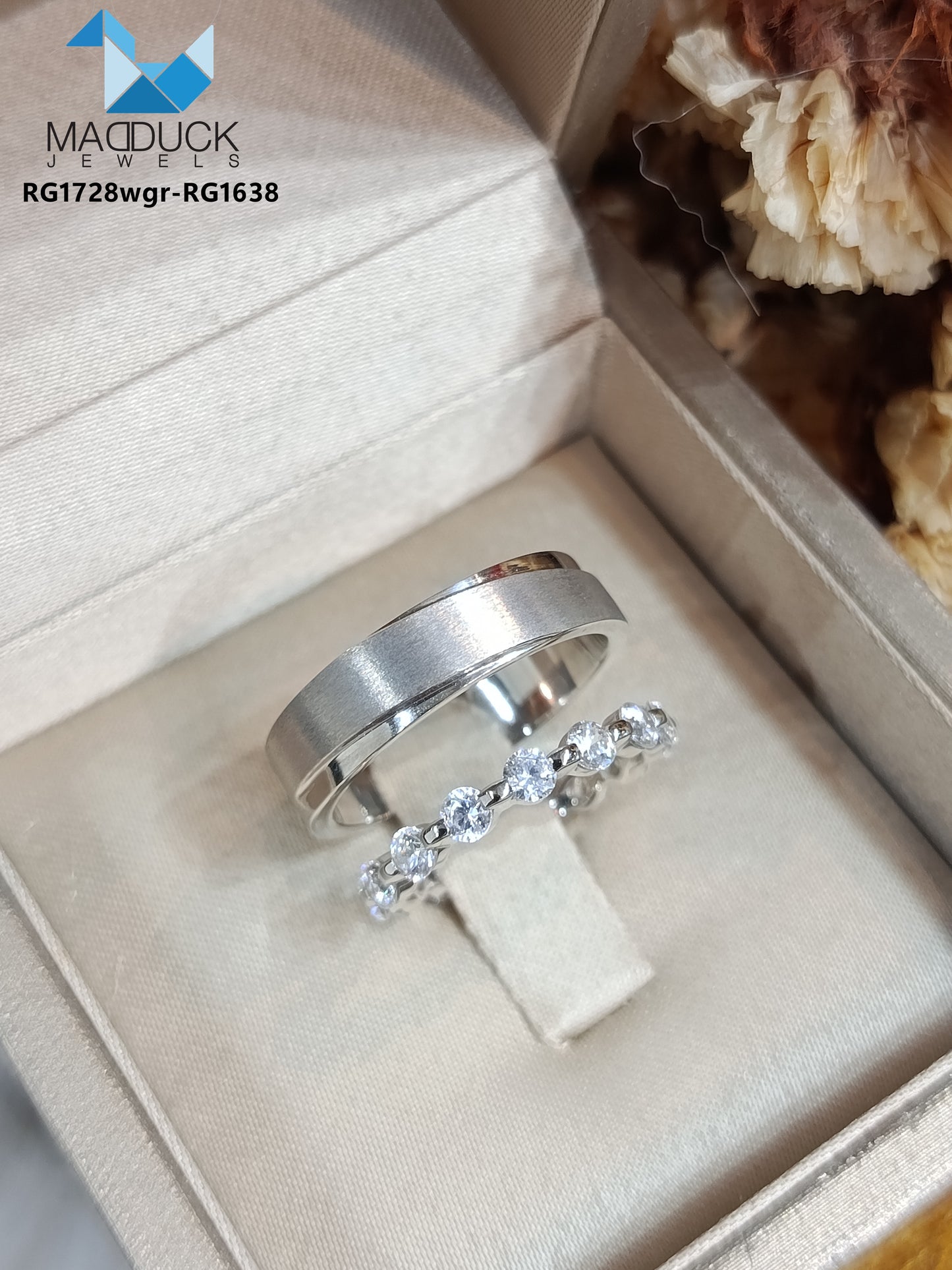 MadDuckJewels Sterling Silver 925 Couple Ring Set – His & Hers Engagement & Wedding Rings – CZ, Rhodium Plated, Nickel-Free – RG1728WGR-RG1638