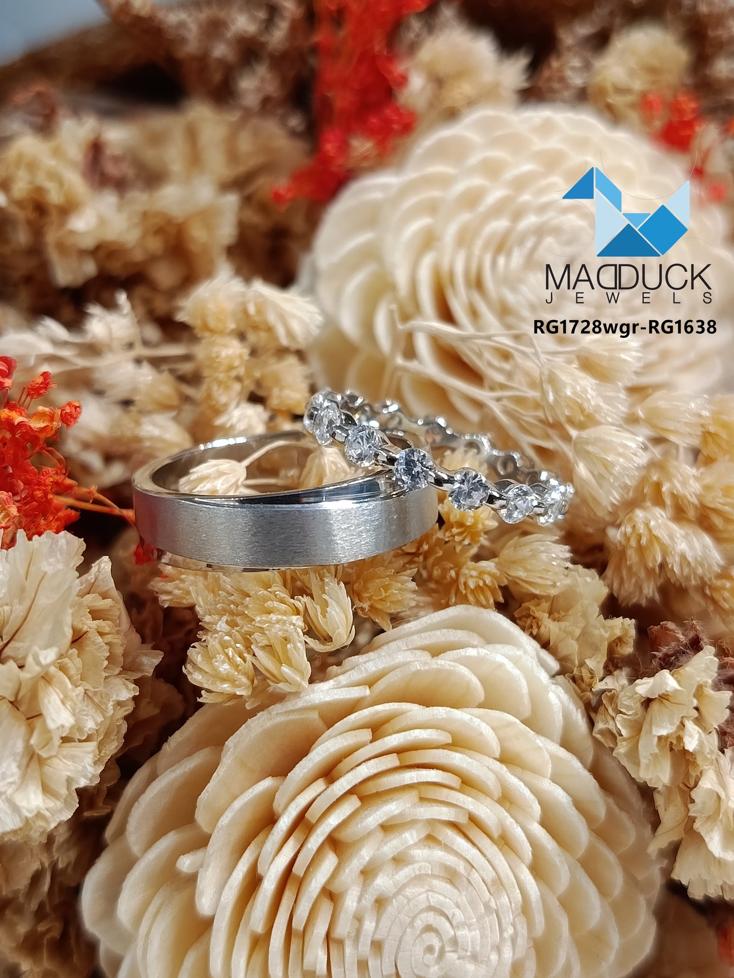 MadDuckJewels Sterling Silver 925 Couple Ring Set – His & Hers Engagement & Wedding Rings – CZ, Rhodium Plated, Nickel-Free – RG1728WGR-RG1638