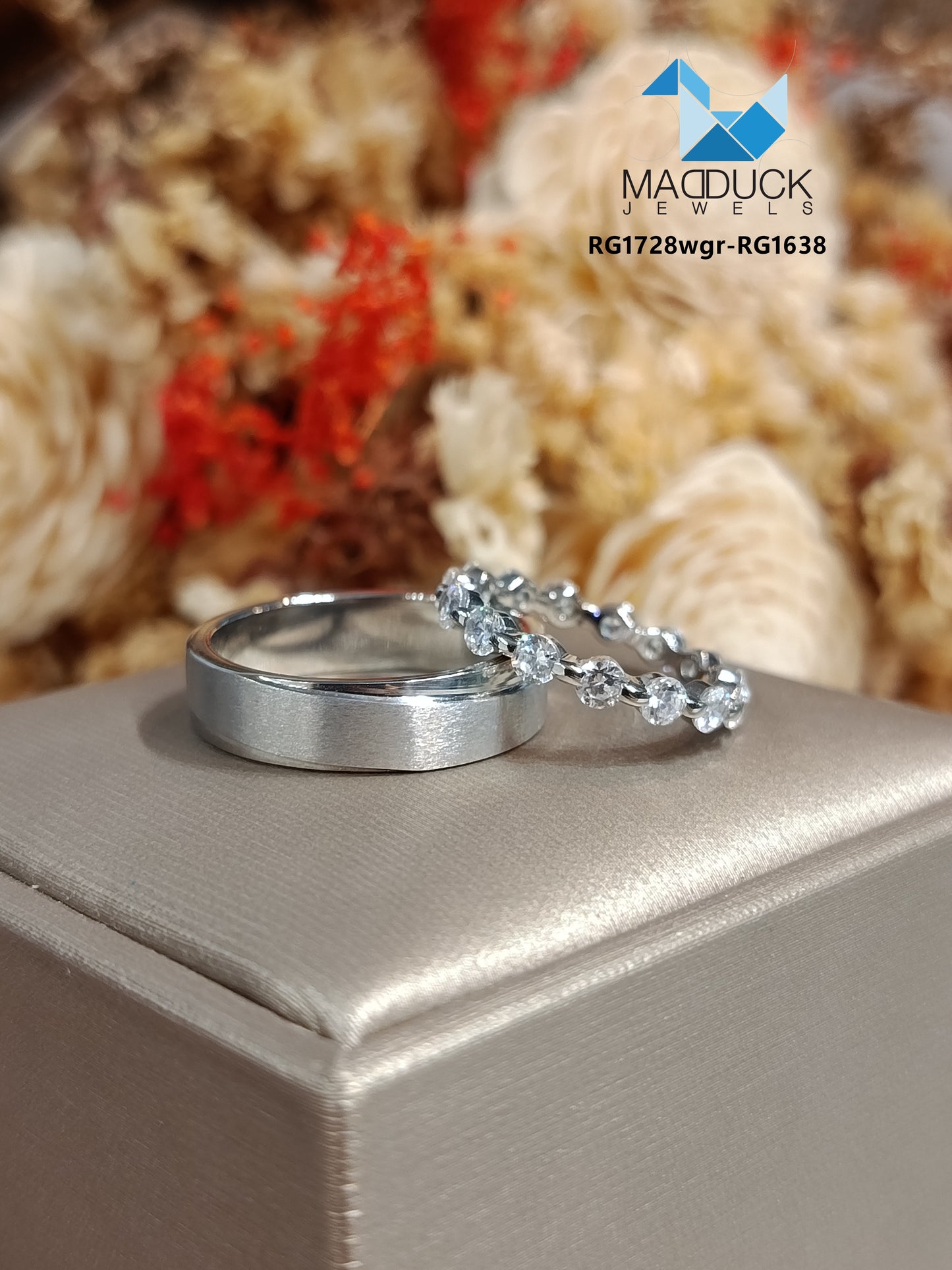 MadDuckJewels Sterling Silver 925 Couple Ring Set – His & Hers Engagement & Wedding Rings – CZ, Rhodium Plated, Nickel-Free – RG1728WGR-RG1638