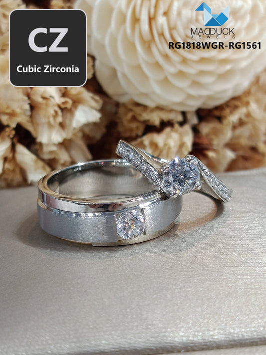 CZ Cubic Zirconia RG1818WGR-RG1561 แหวนคู่เงินแท้ 925 ชุบโรเดียม Madduckjewels แหวนแต่งงาน แหวนคู่รัก