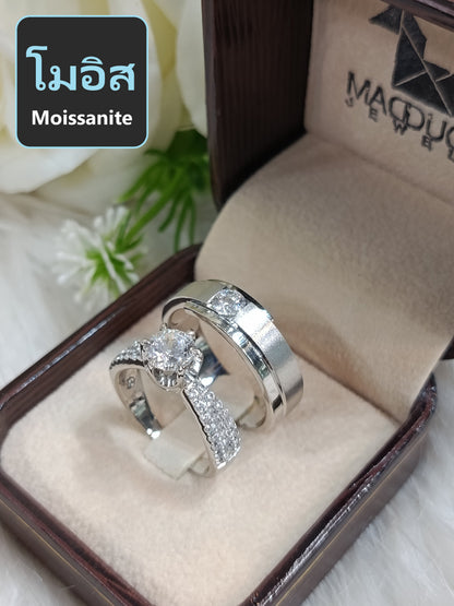 โมอิส Moissanite แหวนคู่เงินแท้ 925 ชุบโรเดียม Madduckjewels แหวนแต่งงาน แหวนคู่รัก RG1818WGR-RG1912