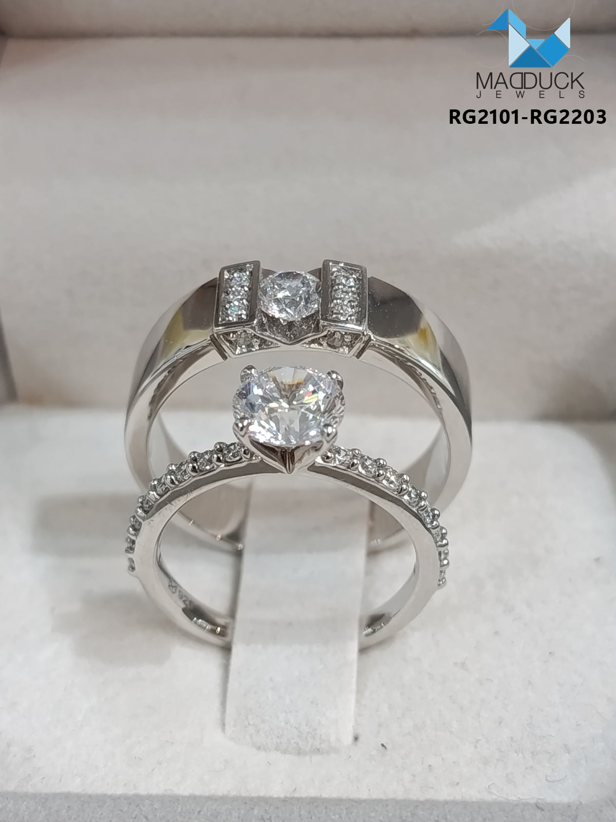 MadDuckJewels Sterling Silver 925 Couple Ring Set – His & Hers Engagement & Wedding Rings – CZ, Rhodium Plated, Nickel-Free – RG2101-RG2203