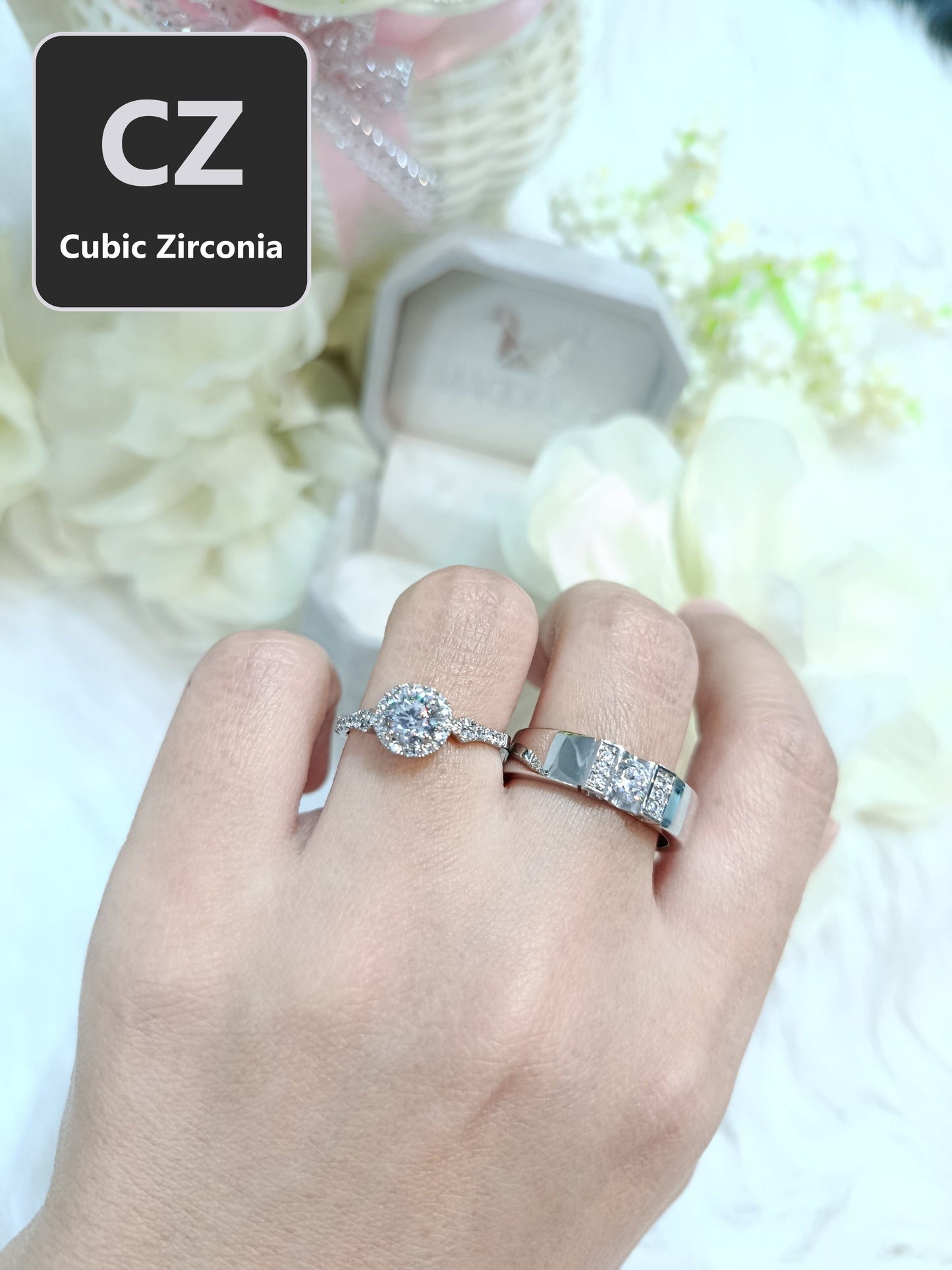 CZ Cubic Zirconia RG2101-RG1735 แหวนคู่เงินแท้ 925 ชุบโรเดียม Madduckjewels แหวนแต่งงาน แหวนคู่รัก