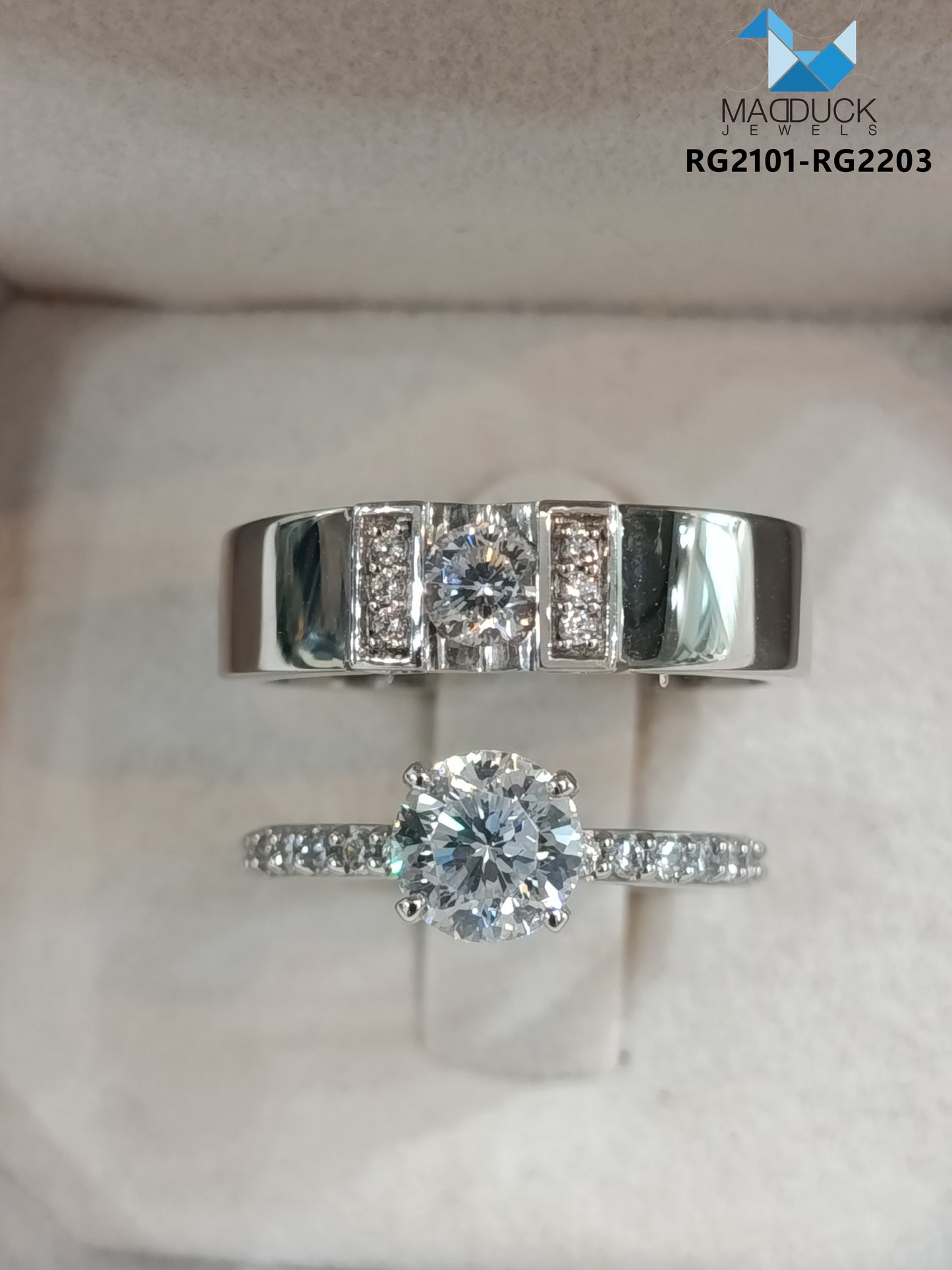MadDuckJewels Sterling Silver 925 Couple Ring Set – His & Hers Engagement & Wedding Rings – CZ, Rhodium Plated, Nickel-Free – RG2101-RG2203