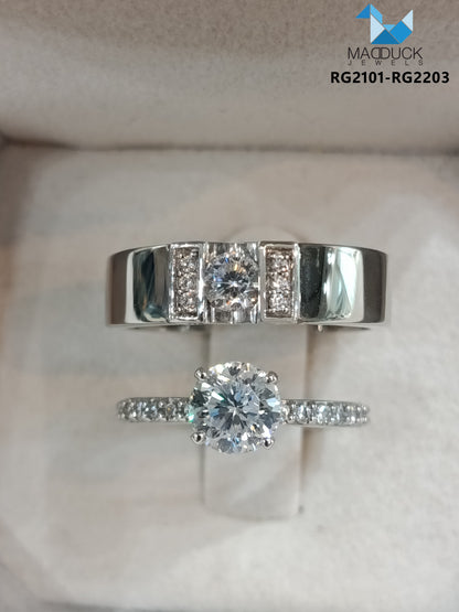 MadDuckJewels Sterling Silver 925 Couple Ring Set – His & Hers Engagement & Wedding Rings – CZ, Rhodium Plated, Nickel-Free – RG2101-RG2203