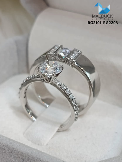 MadDuckJewels Sterling Silver 925 Couple Ring Set – His & Hers Engagement & Wedding Rings – CZ, Rhodium Plated, Nickel-Free – RG2101-RG2203