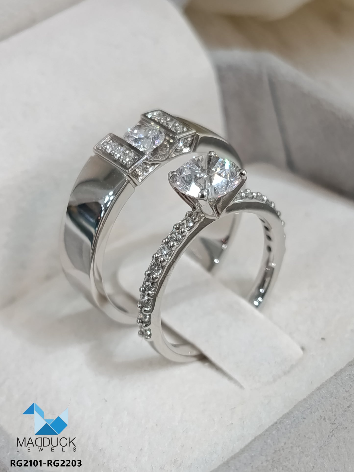 MadDuckJewels Sterling Silver 925 Couple Ring Set – His & Hers Engagement & Wedding Rings – CZ, Rhodium Plated, Nickel-Free – RG2101-RG2203