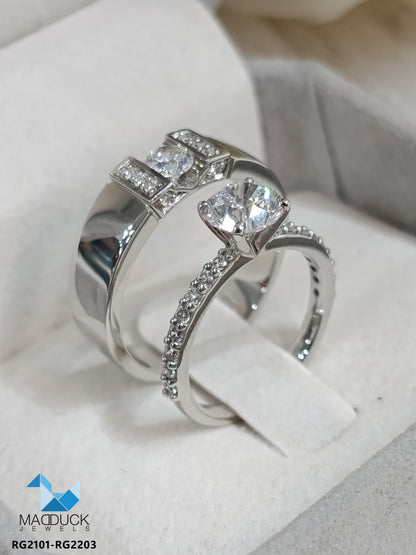 MadDuckJewels Sterling Silver 925 Couple Ring Set – His & Hers Engagement & Wedding Rings – CZ, Rhodium Plated, Nickel-Free – RG2101-RG2203