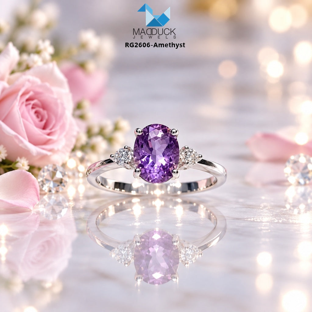 Madduckjewels RG2606-AM Natural Amethyst Oval Ring in Rhodium-Plated 925 Sterling Silver