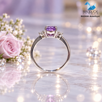 Madduckjewels RG2606-AM Natural Amethyst Oval Ring in Rhodium-Plated 925 Sterling Silver