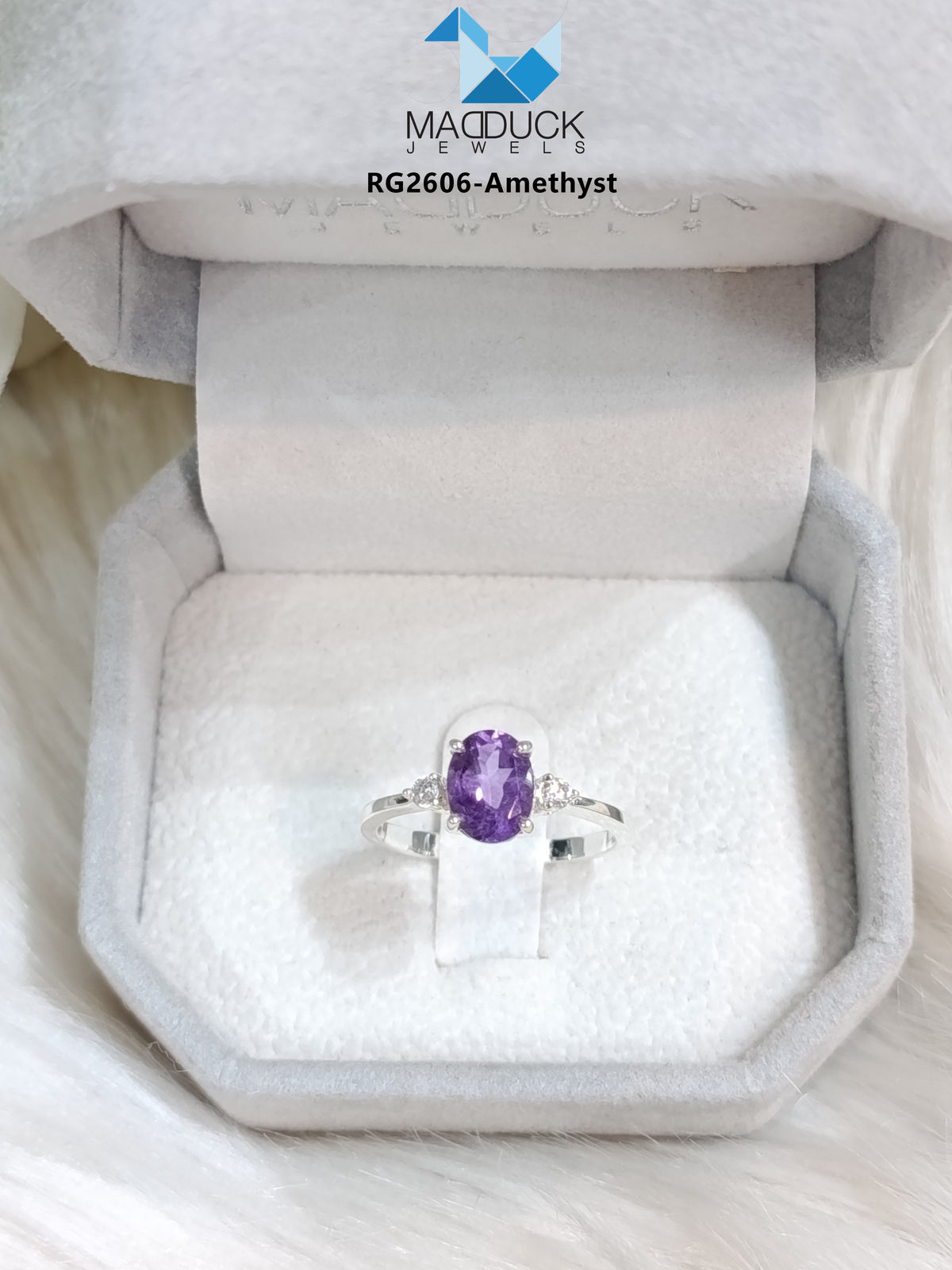 Madduckjewels RG2606-AM Natural Amethyst Oval Ring in Rhodium-Plated 925 Sterling Silver