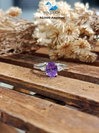 Madduckjewels RG2606-AM Natural Amethyst Oval Ring in Rhodium-Plated 925 Sterling Silver